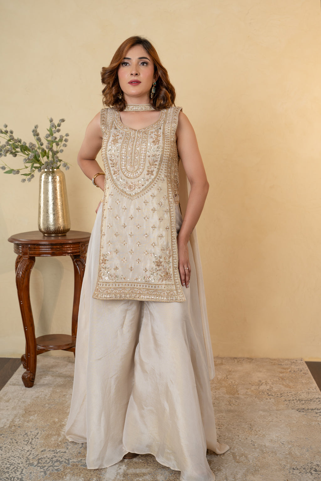 Ivory Tissue Cutdana Work Palazzo Dress with Choker Dupatta