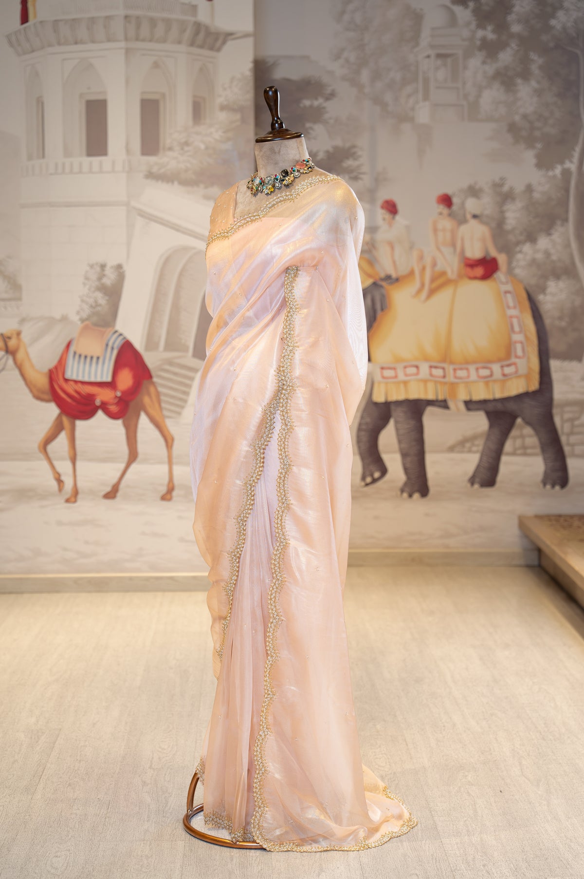 Peach Sheer Organza Saree With Pearl And Cutdana Details