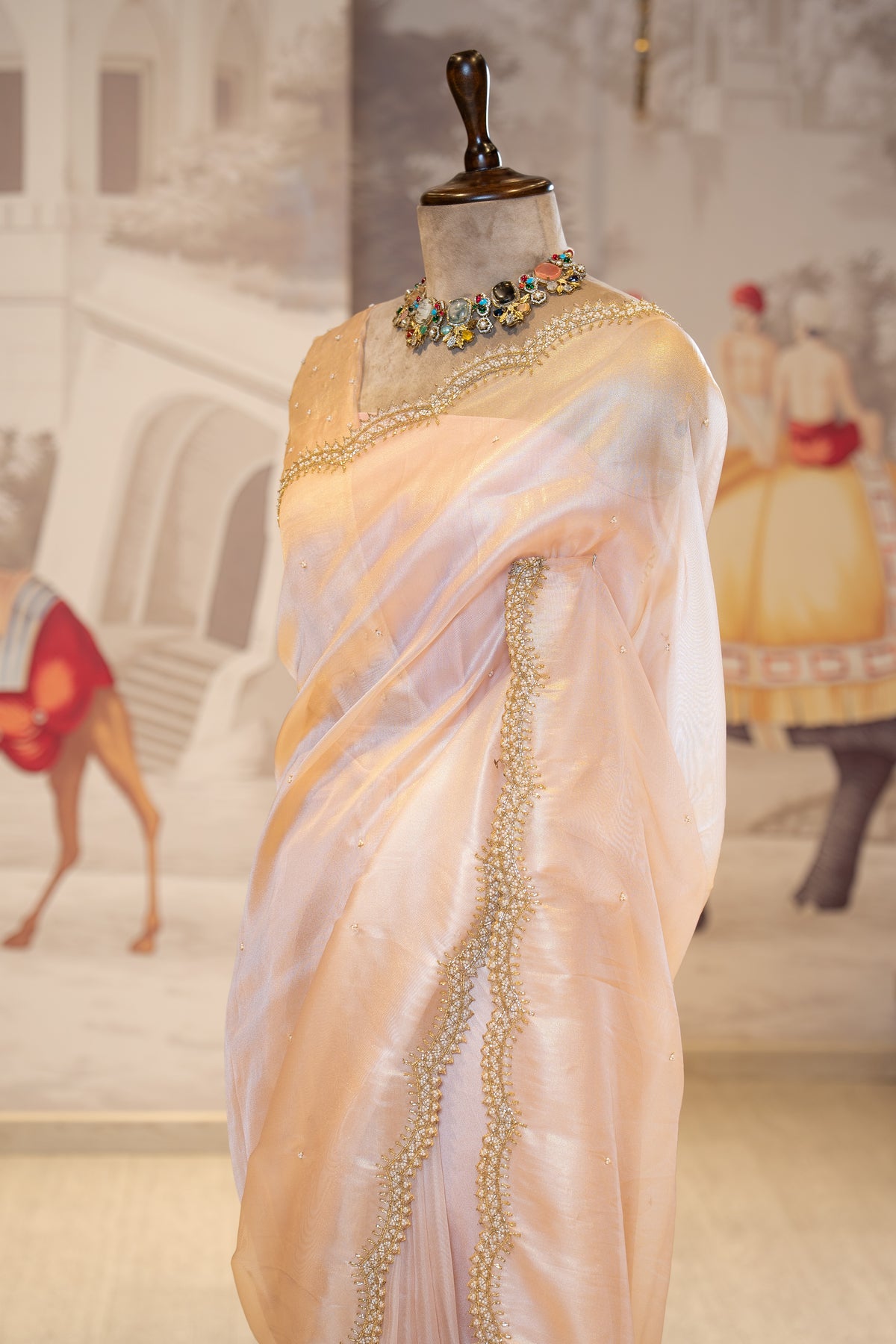 Peach Sheer Organza Saree With Pearl And Cutdana Details