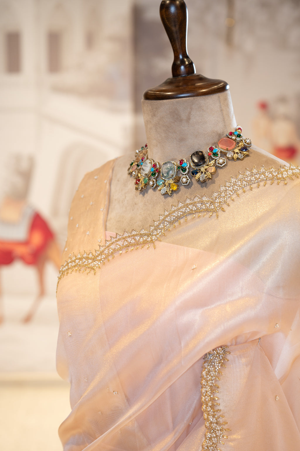 Peach Sheer Organza Saree With Pearl And Cutdana Details