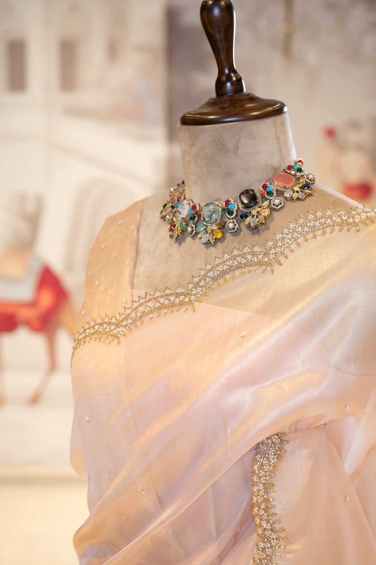 Peach Sheer Organza Saree With Pearl And Cutdana Details