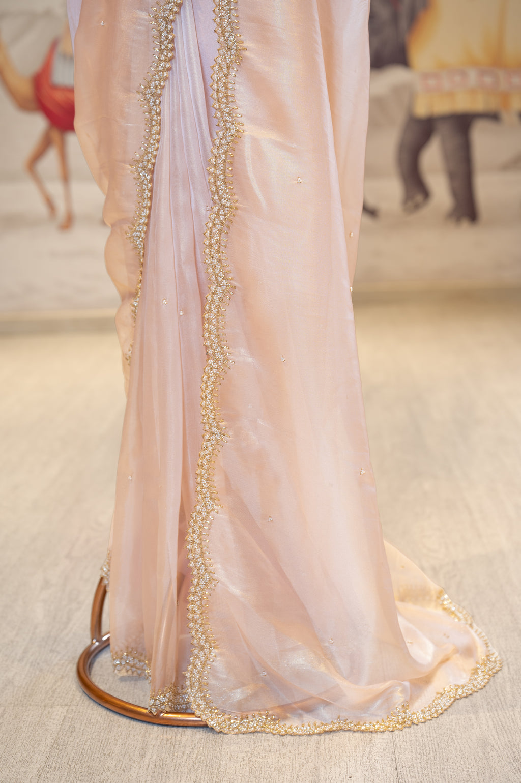 Peach Sheer Organza Saree With Pearl And Cutdana Details