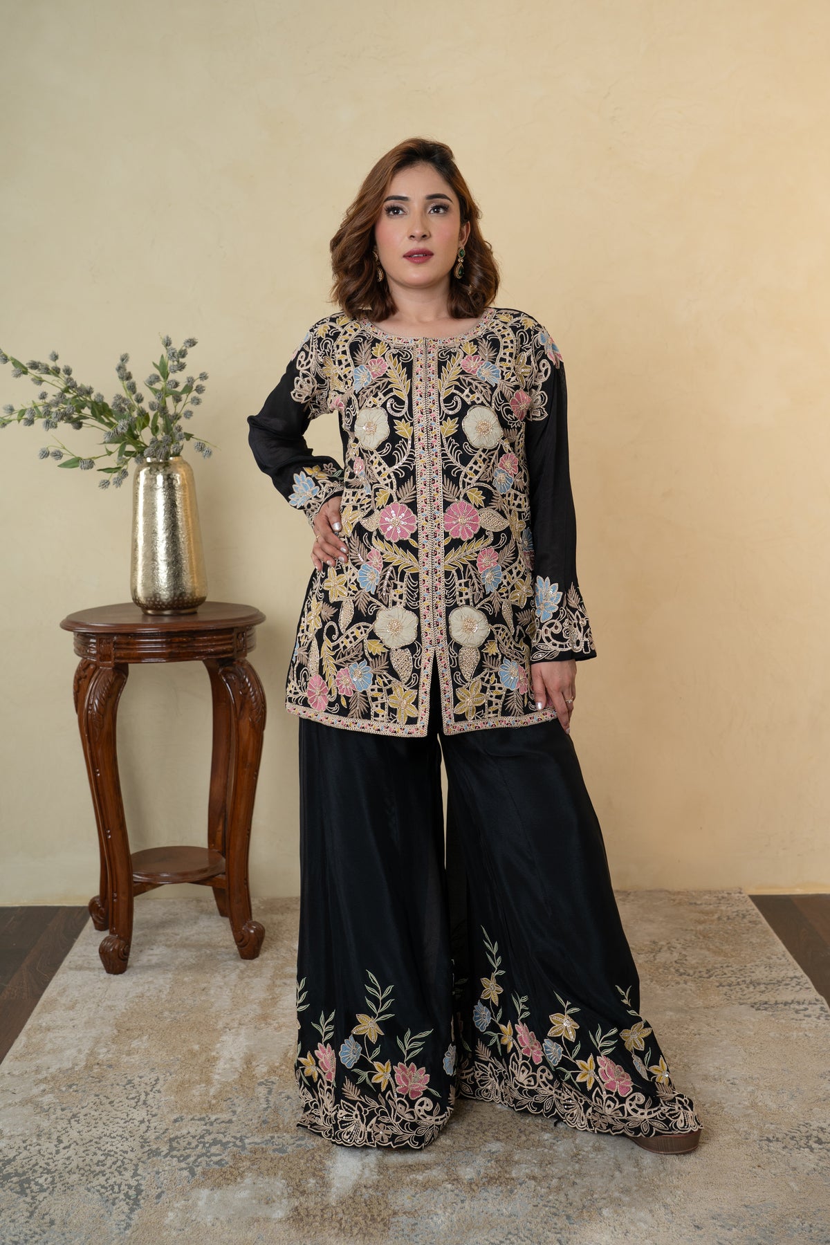 Black Chinon Party Wear Co-ord Set with Floral Work