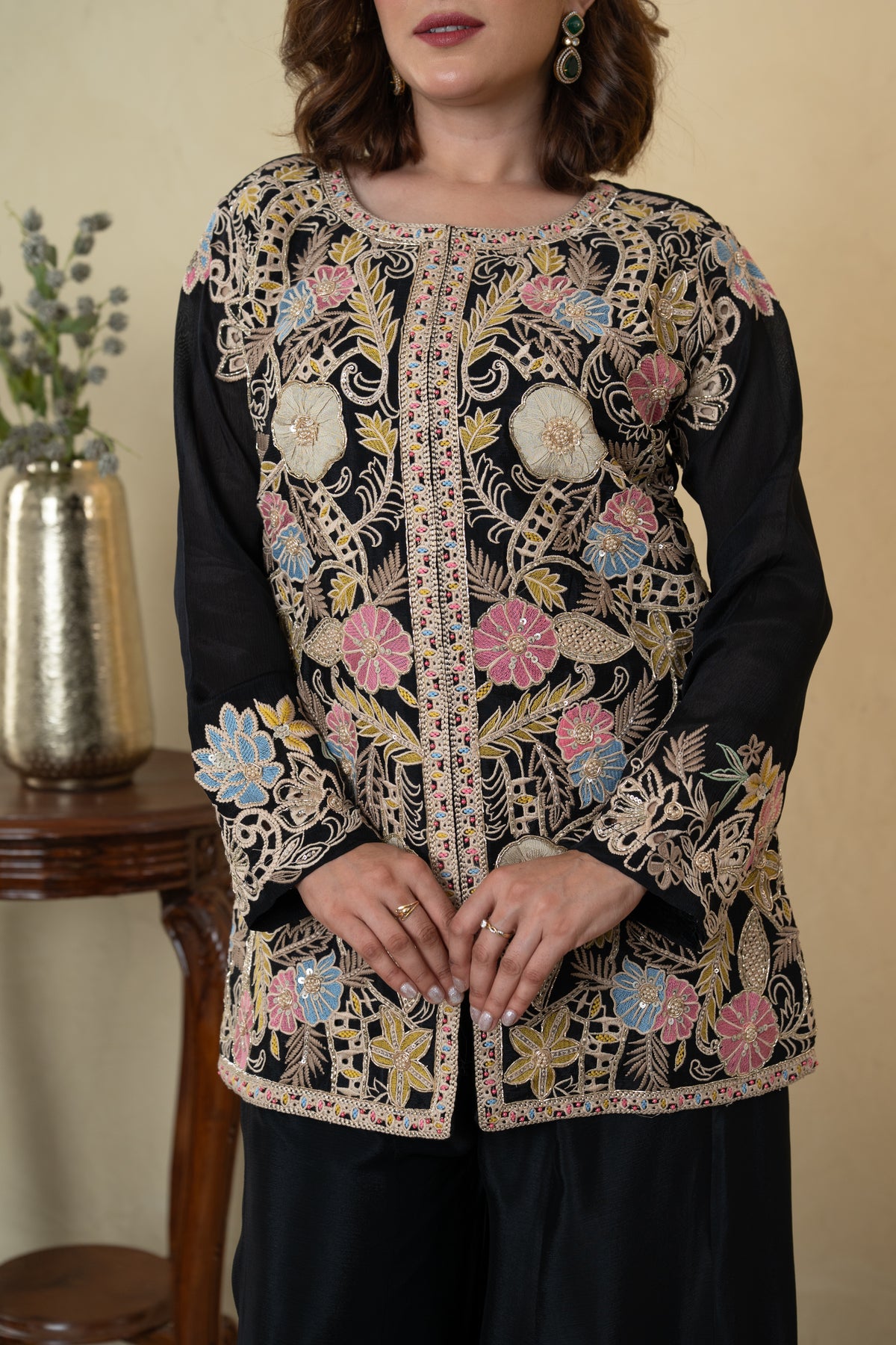 Black Chinon Party Wear Co-ord Set with Floral Work