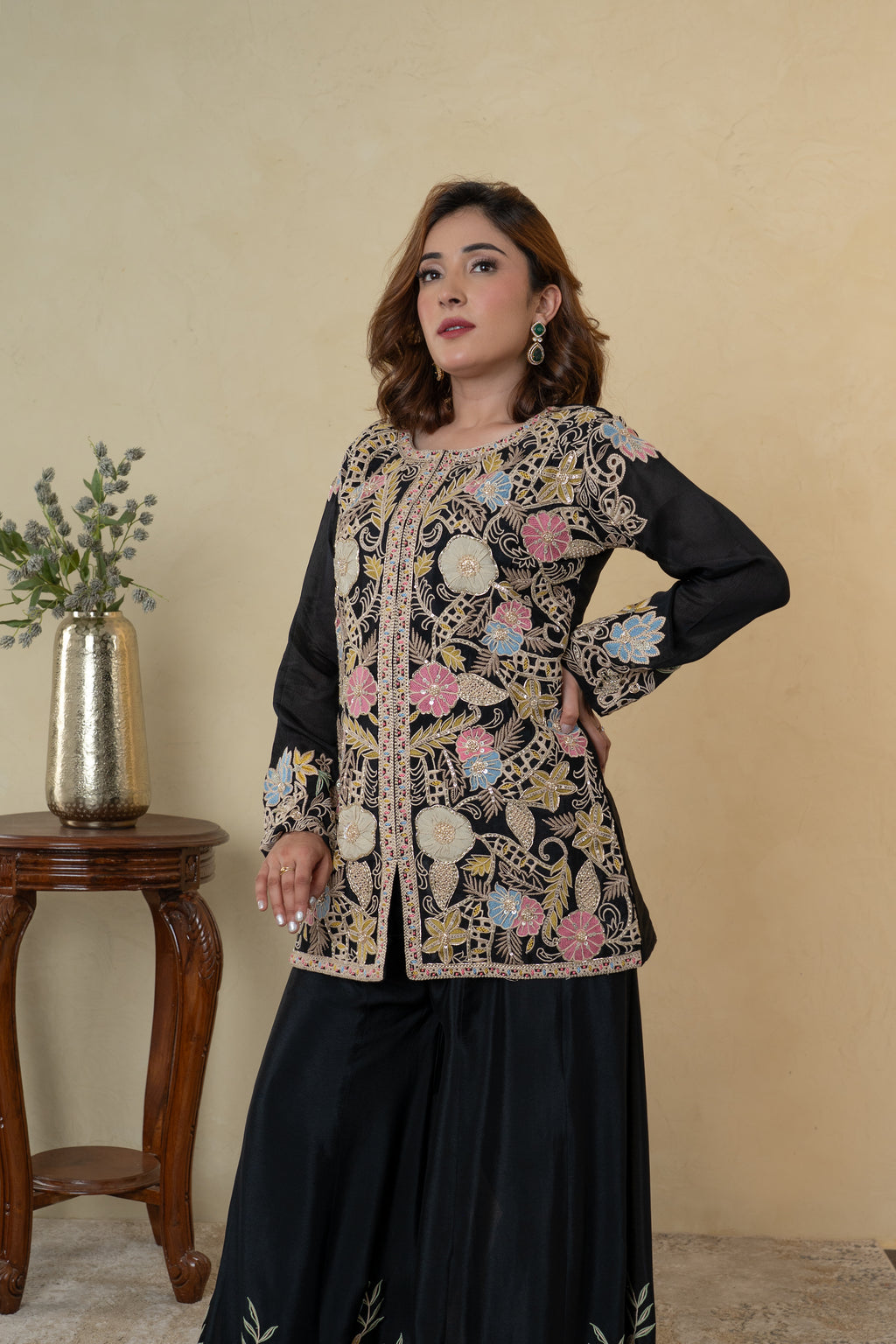Black Chinon Party Wear Co-ord Set with Floral Work