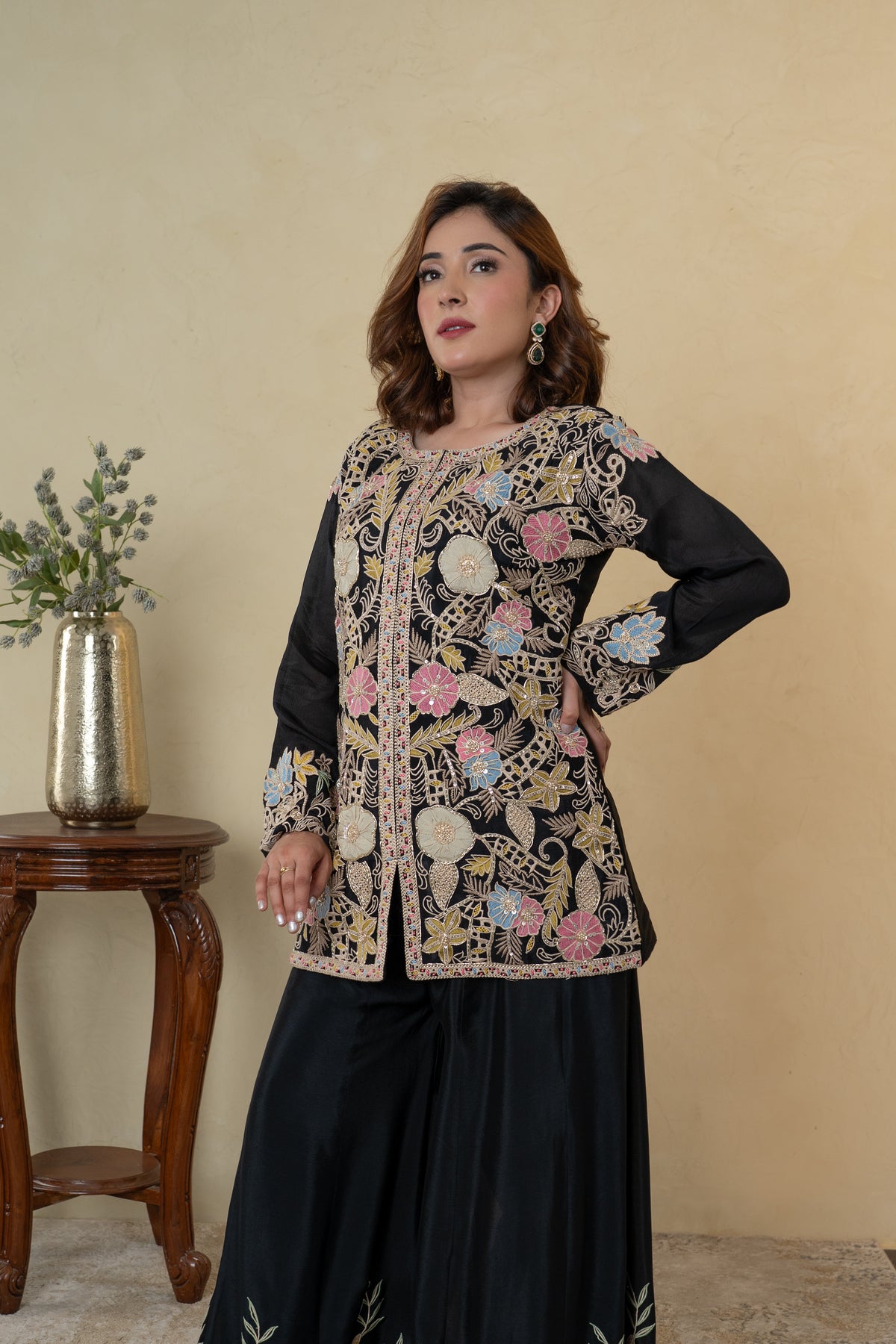 Black Chinon Party Wear Co-ord Set with Floral Work