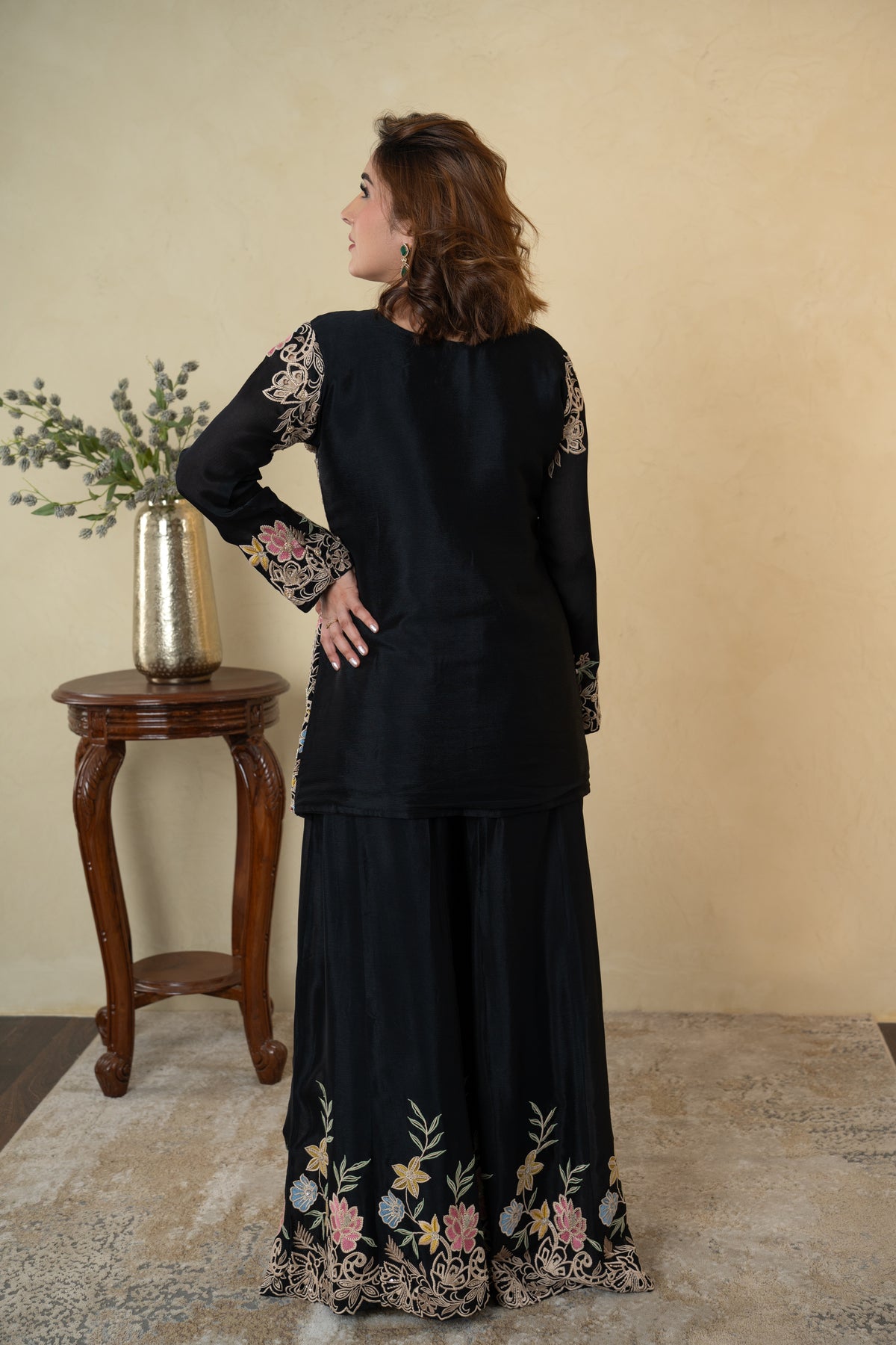 Black Chinon Party Wear Co-ord Set with Floral Work
