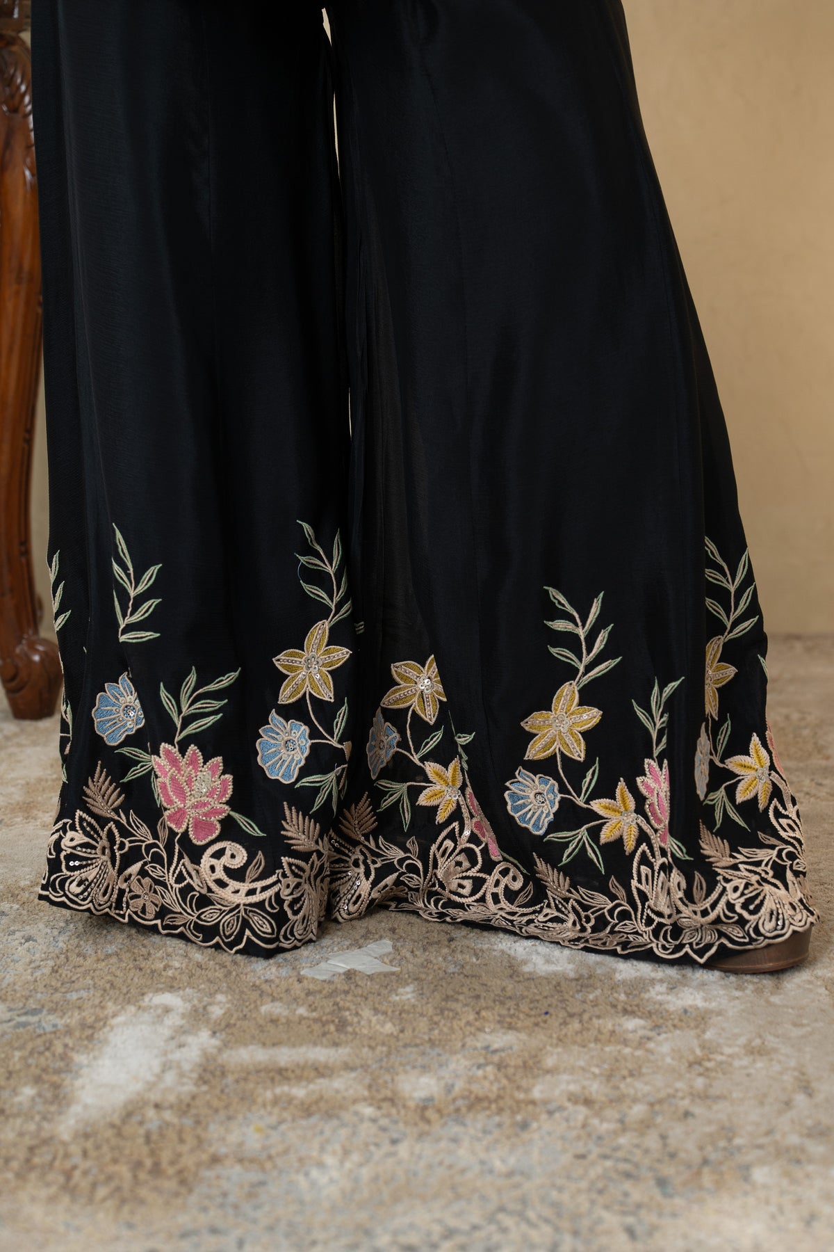 Black Chinon Party Wear Co-ord Set with Floral Work