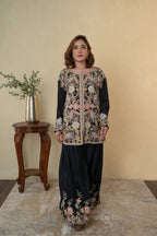Black Chinon Party Wear Co-ord Set with Floral Work