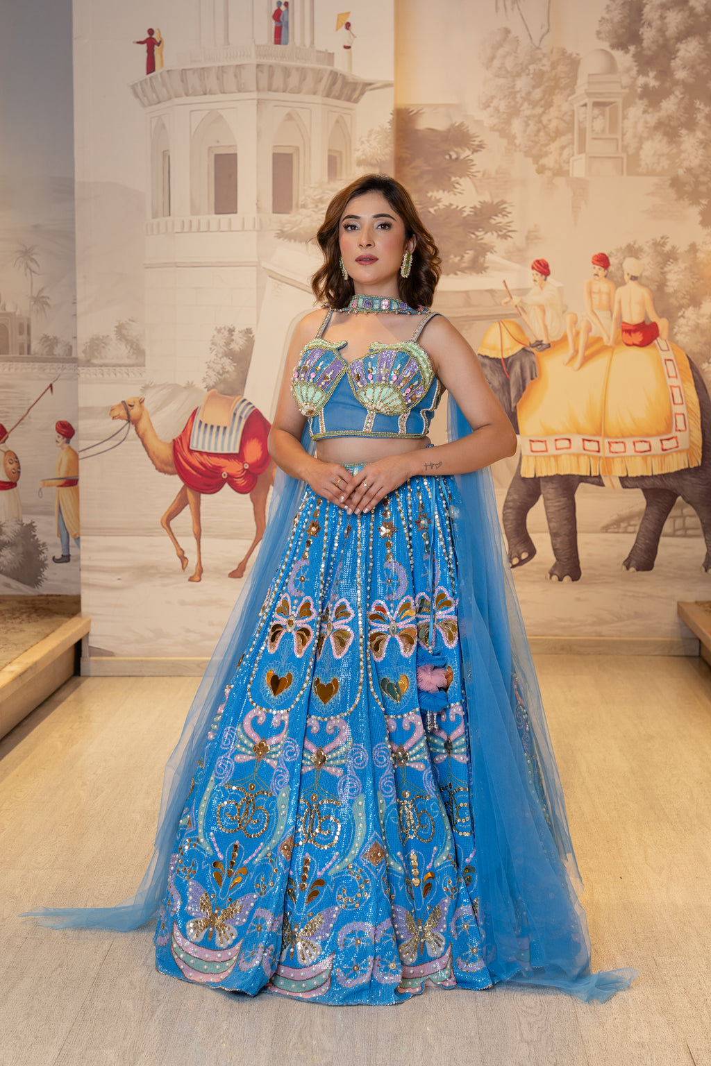 Sky Blue Net Pearl Work Lehenga Set with Dupatta