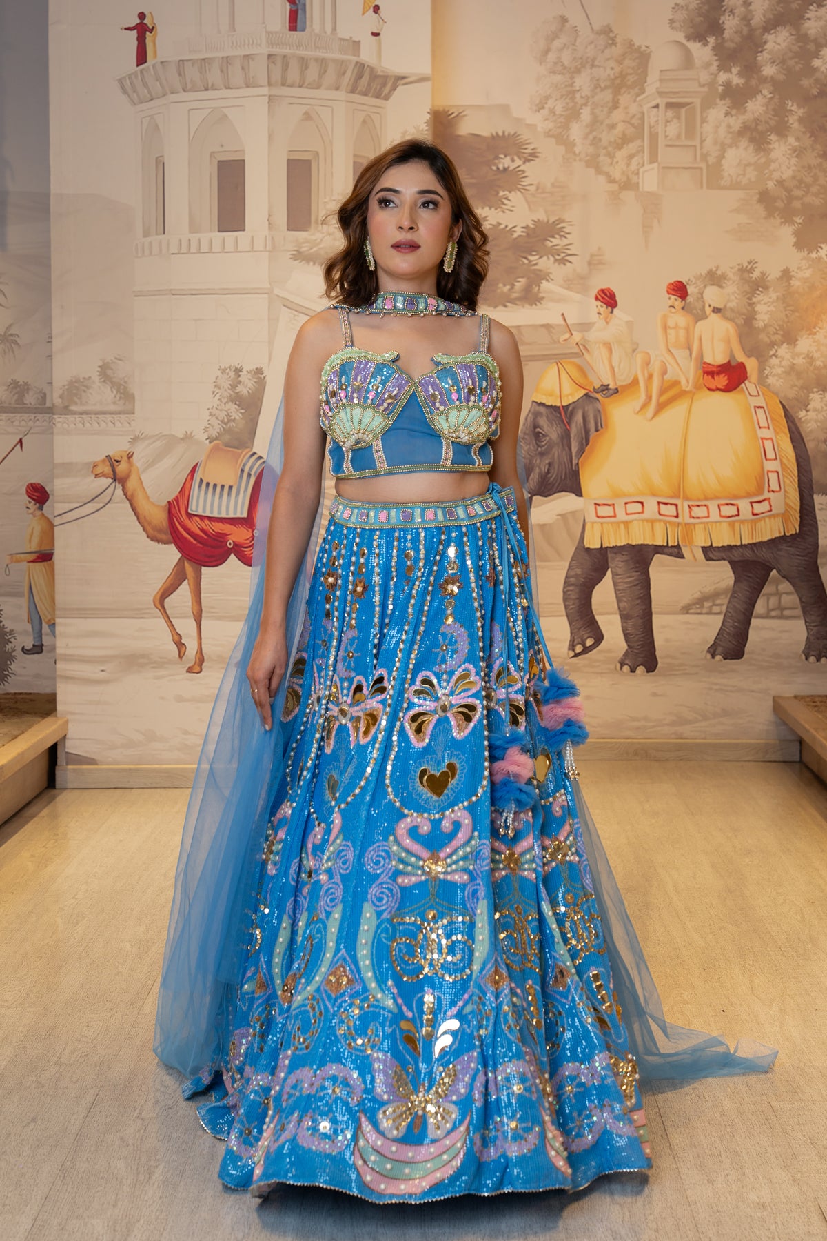 Sky Blue Net Pearl Work Lehenga Set with Dupatta