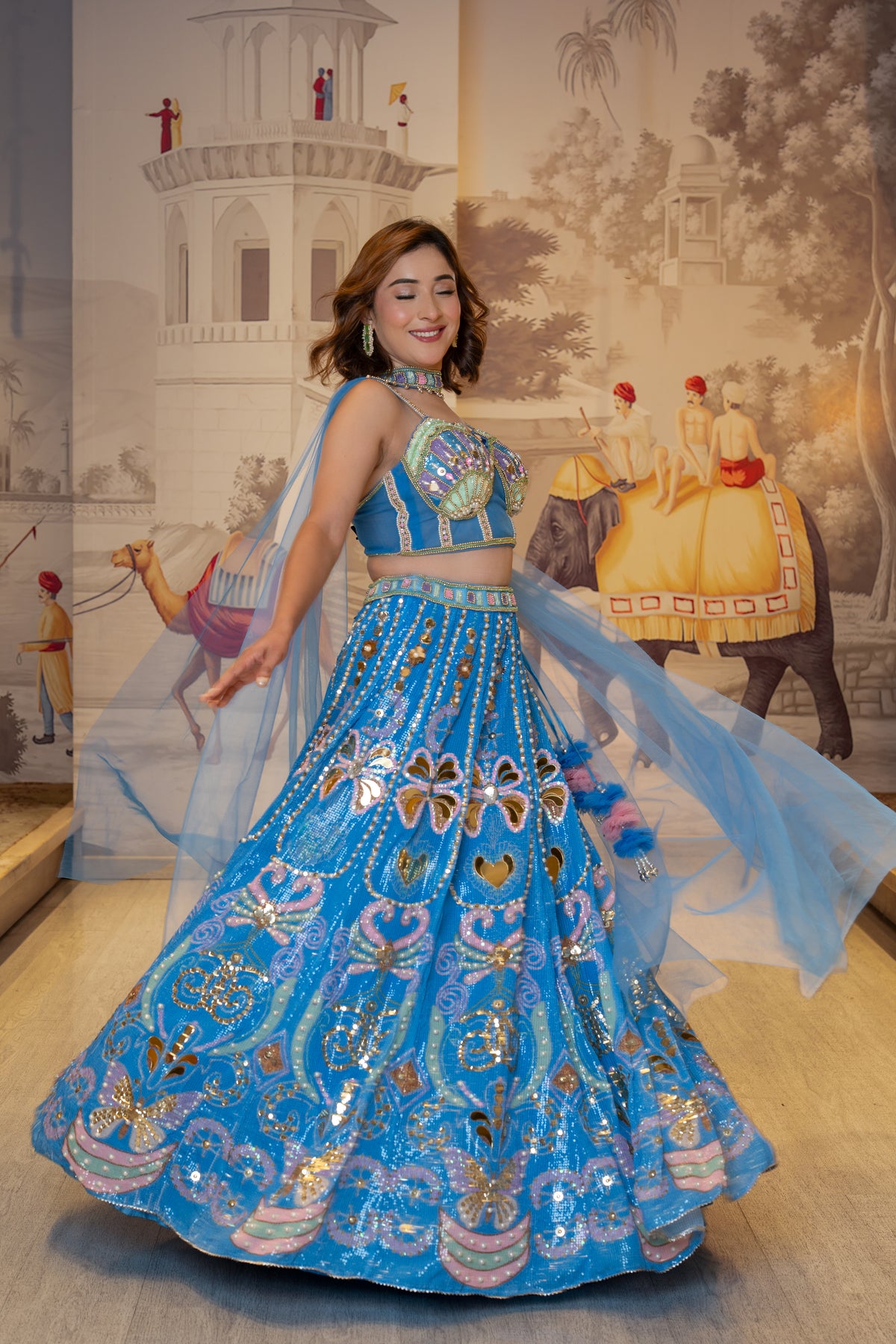 Sky Blue Net Pearl Work Lehenga Set with Dupatta