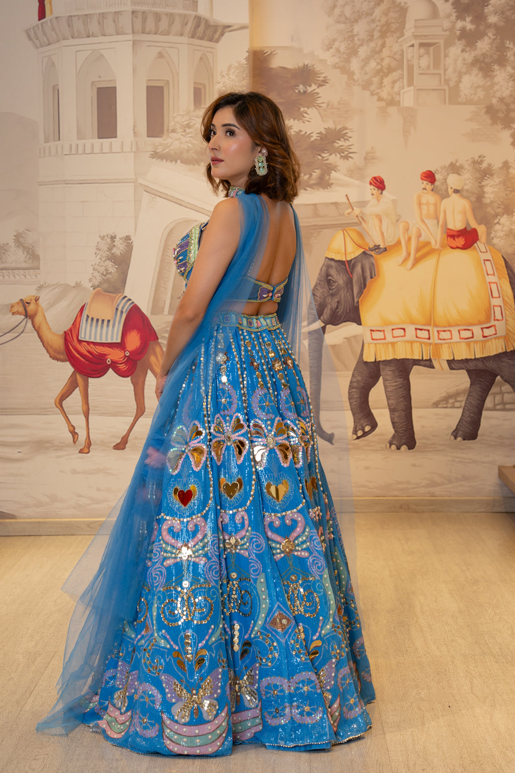 Sky Blue Net Pearl Work Lehenga Set with Dupatta