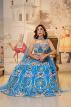 Sky Blue Net Pearl Work Lehenga Set with Dupatta