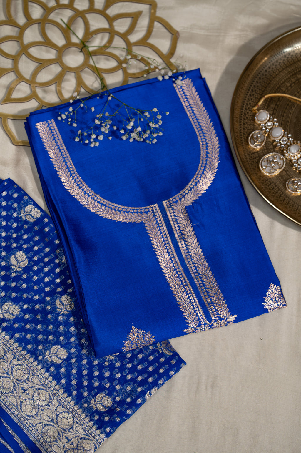 Royal Blue Pure Silk Unstitched Suit Set With Weaving Details
