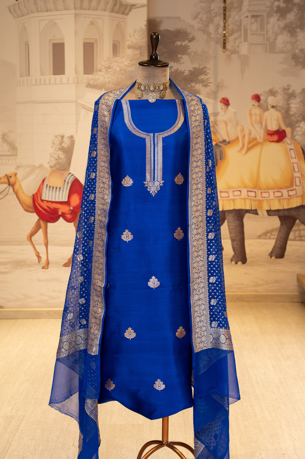 Royal Blue Embroidered Unstitched Suit with Dupatta