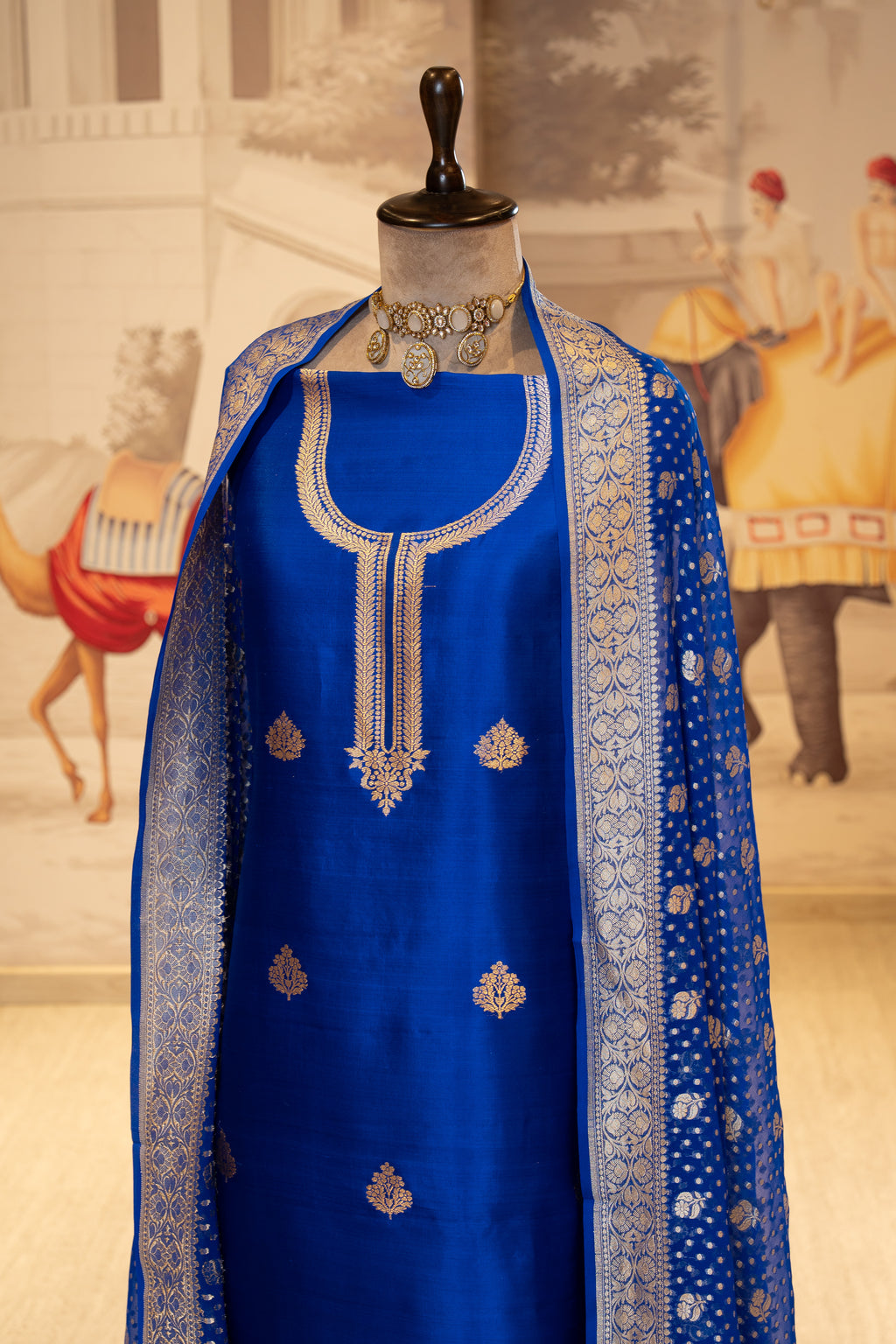 Royal Blue Embroidered Unstitched Suit with Dupatta