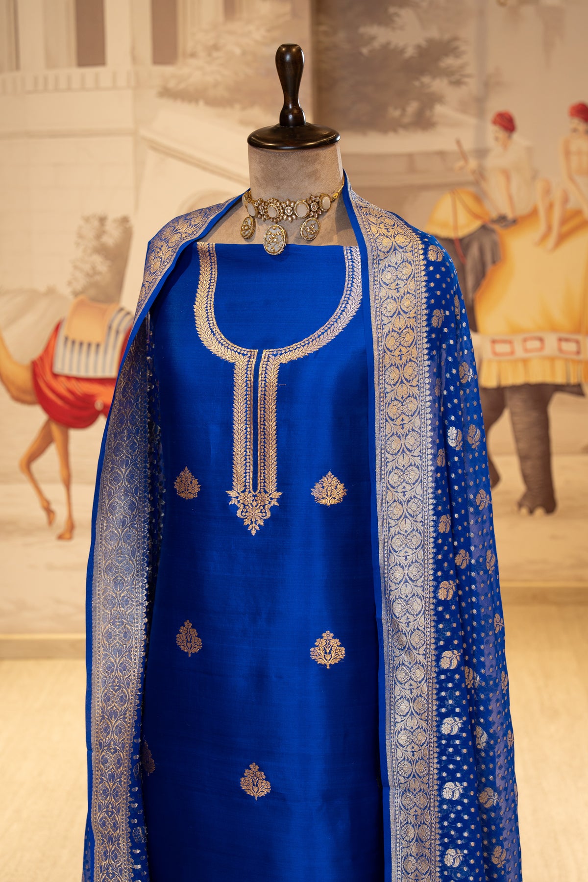 Royal Blue Pure Silk Unstitched Suit Set With Weaving Details