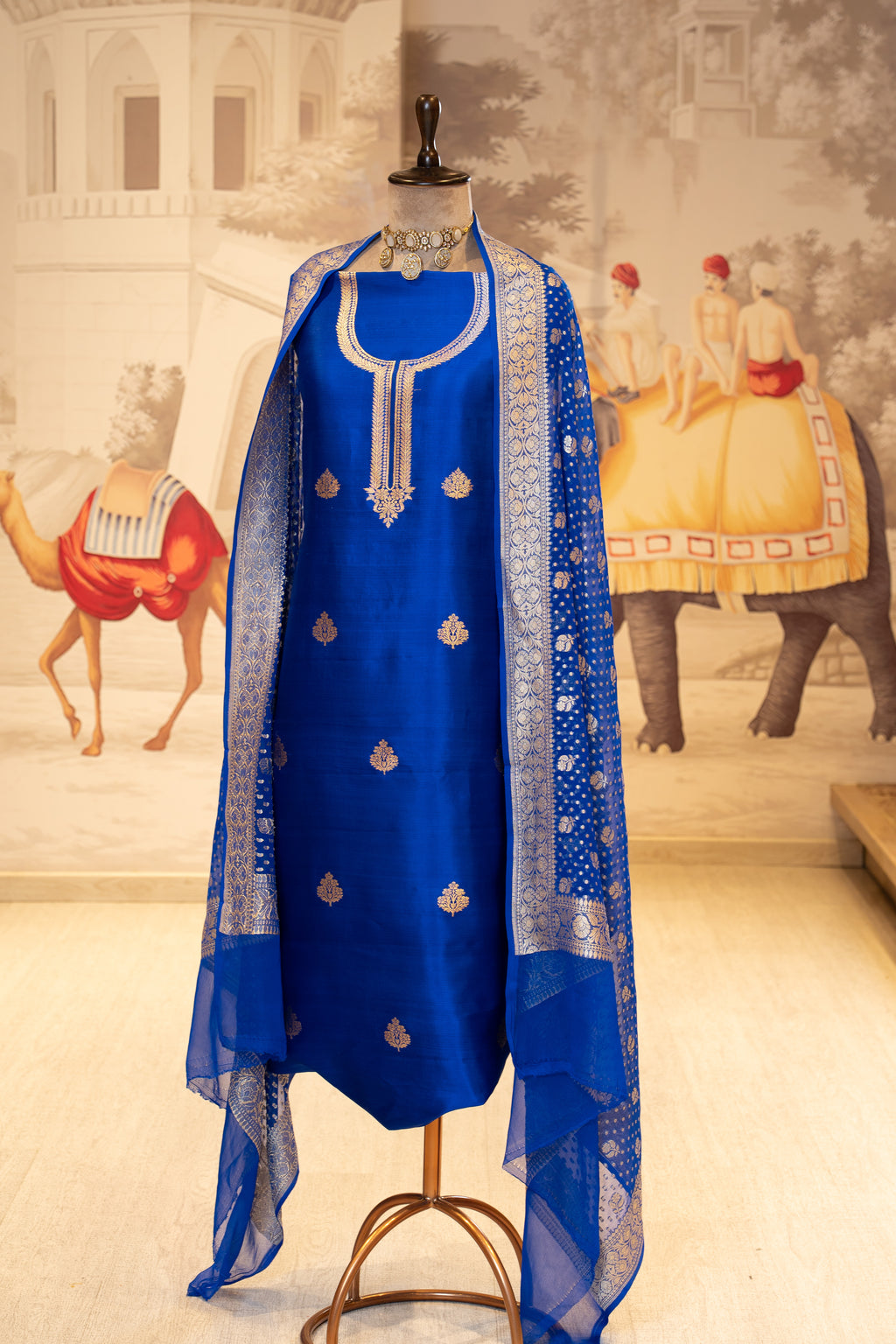 Royal Blue Embroidered Unstitched Suit with Dupatta