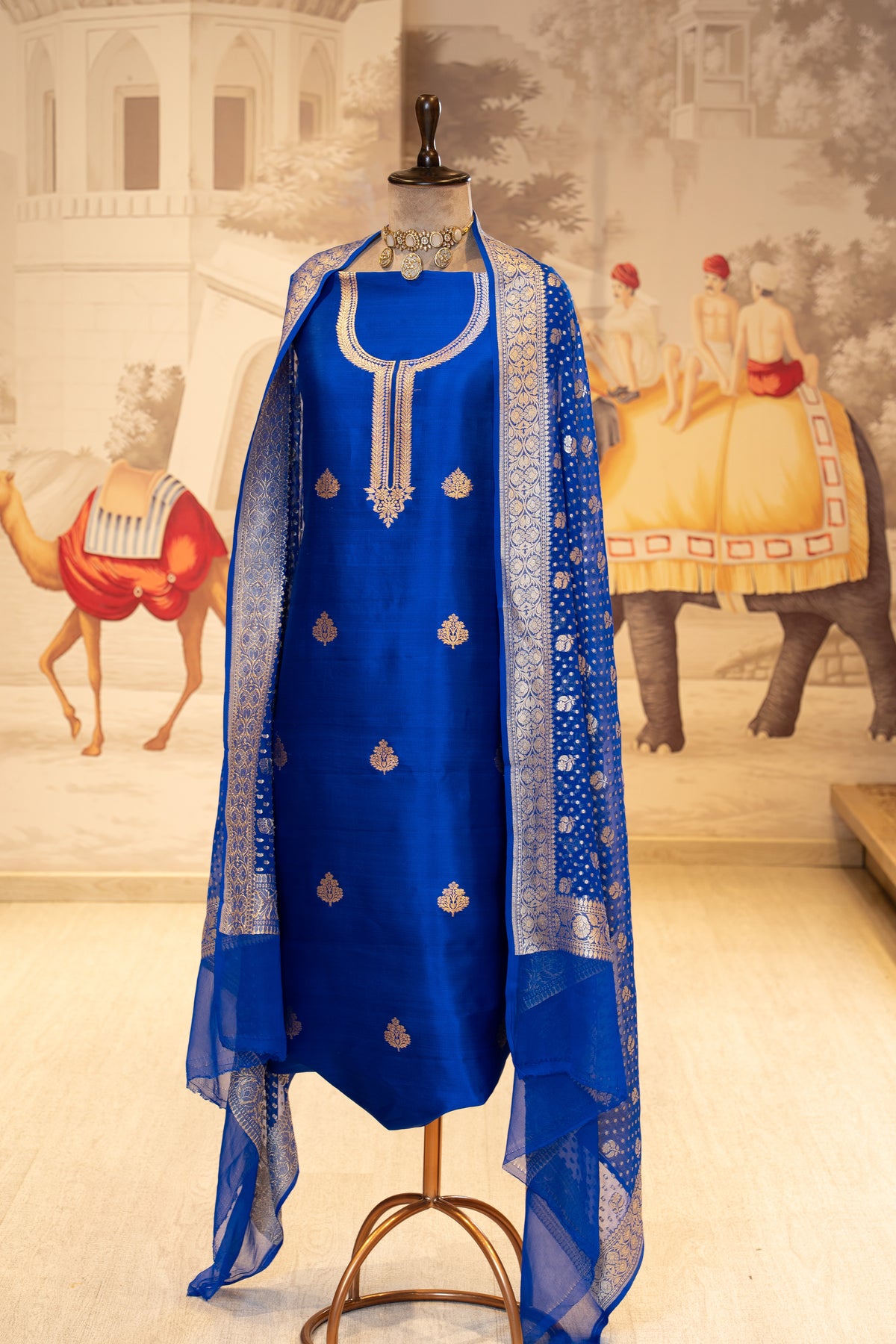Royal Blue Embroidered Unstitched Suit with Dupatta