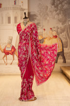 Raspberry Pink Crush Tissue Unstitched Saree With Thread And Stone Details