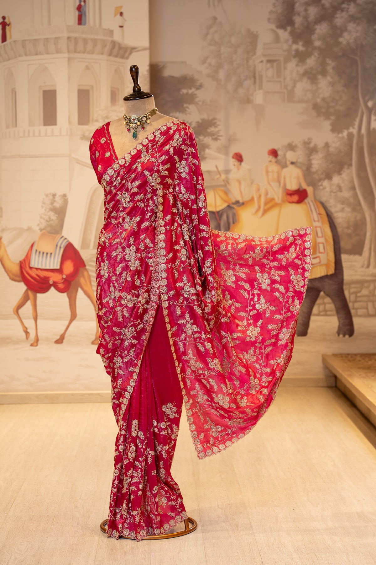 Raspberry Pink Crush Tissue Unstitched Saree With Thread And Stone Details