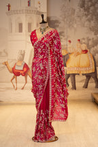 Raspberry Pink Crush Tissue Unstitched Saree With Thread And Stone Details