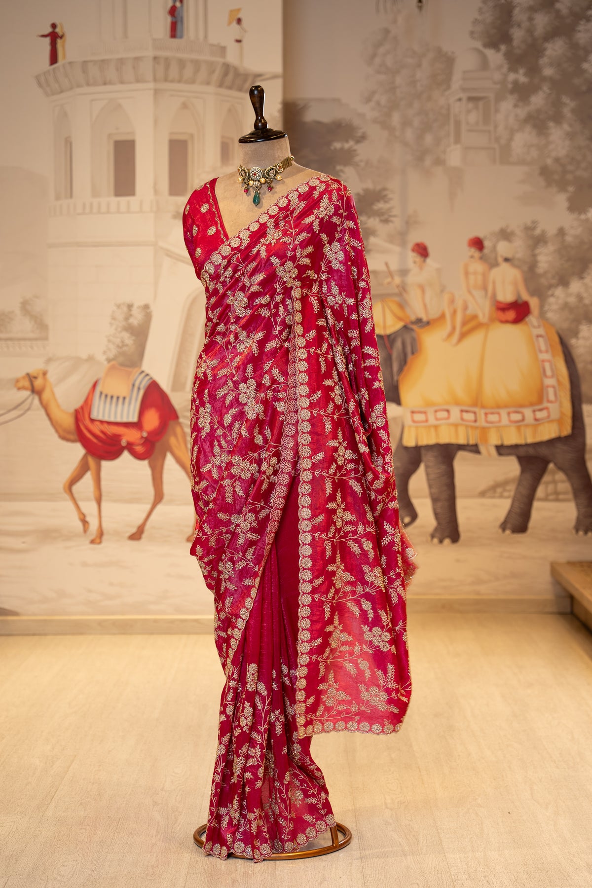 Raspberry Pink Crush Tissue Unstitched Saree With Thread And Stone Details