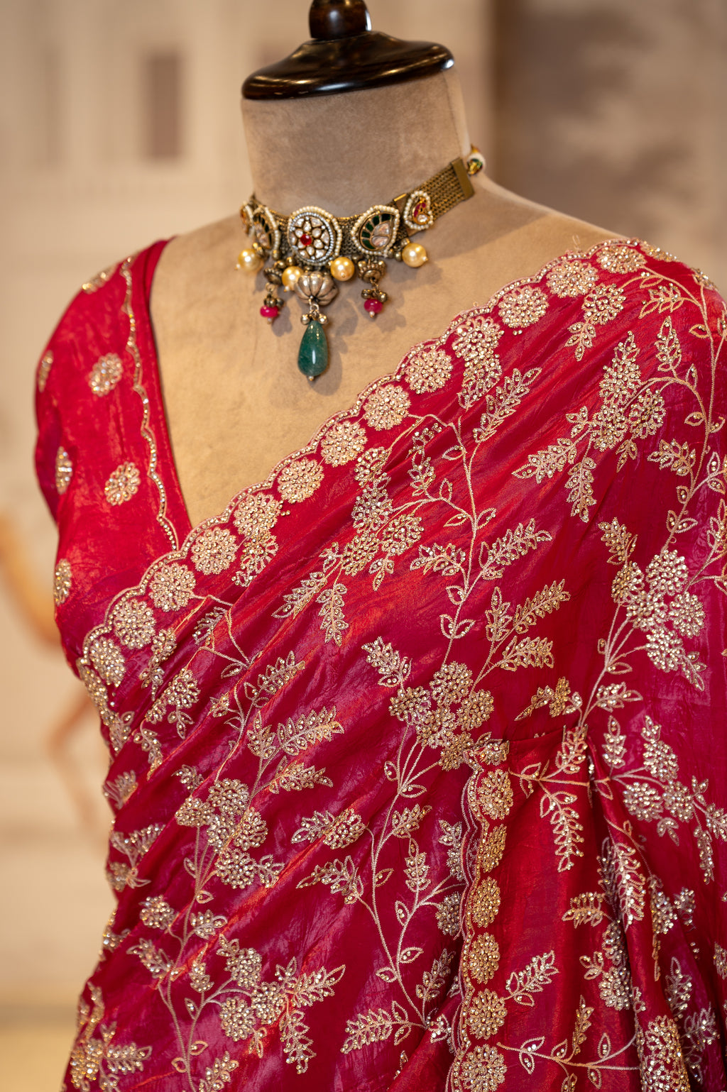 Raspberry Pink Crush Tissue Unstitched Saree With Thread And Stone Details
