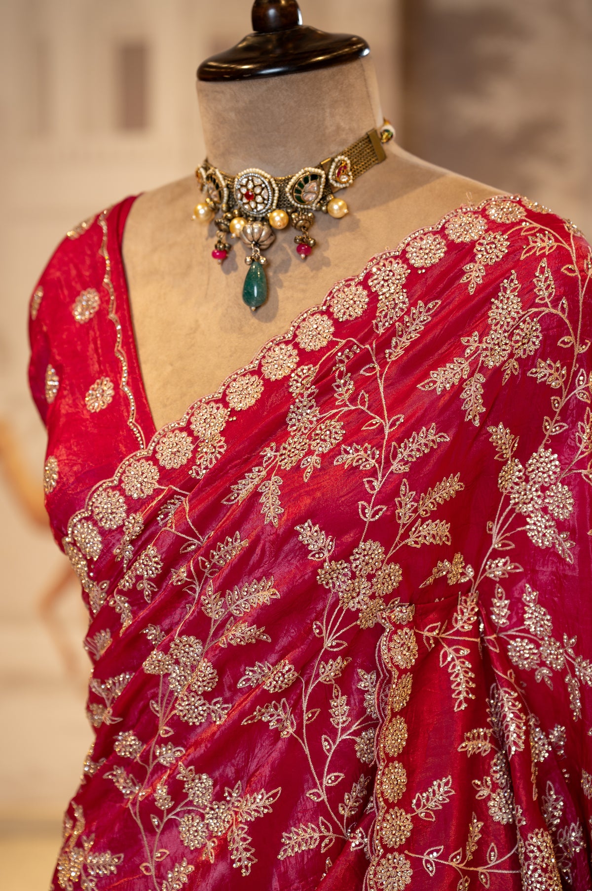 Raspberry Pink Crush Tissue Unstitched Saree With Thread And Stone Details