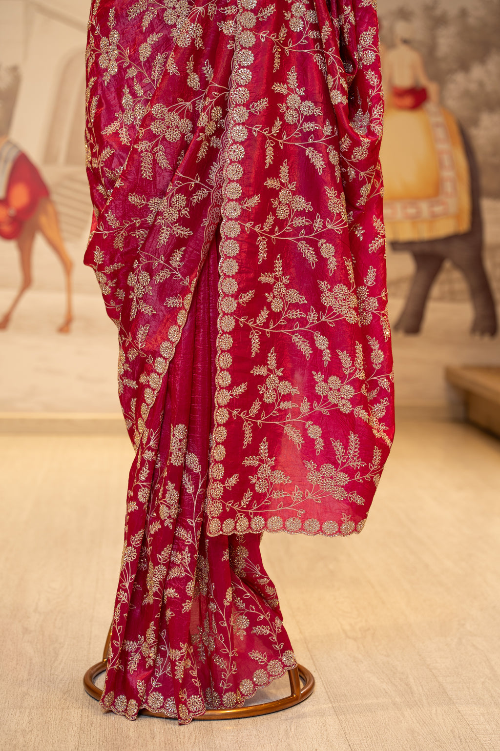 Raspberry Pink Crush Tissue Unstitched Saree With Thread And Stone Details