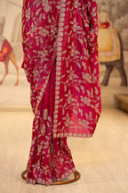 Raspberry Pink Crush Tissue Unstitched Saree With Thread And Stone Details