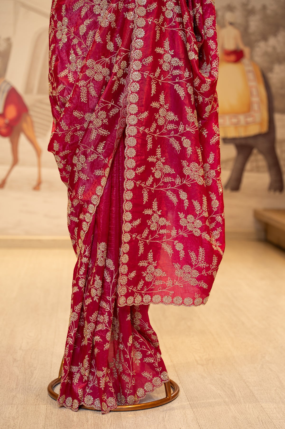 Raspberry Pink Crush Tissue Unstitched Saree With Thread And Stone Details