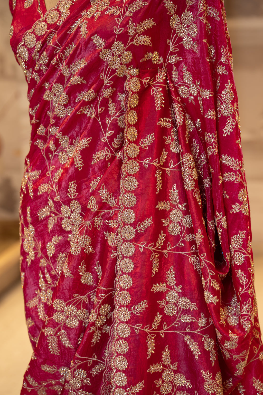 Raspberry Pink Crush Tissue Unstitched Saree With Thread And Stone Details