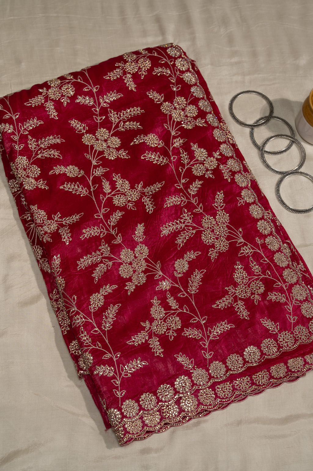 Raspberry Pink Crush Tissue Unstitched Saree With Thread And Stone Details