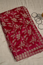 Raspberry Pink Crush Tissue Unstitched Saree With Thread And Stone Details