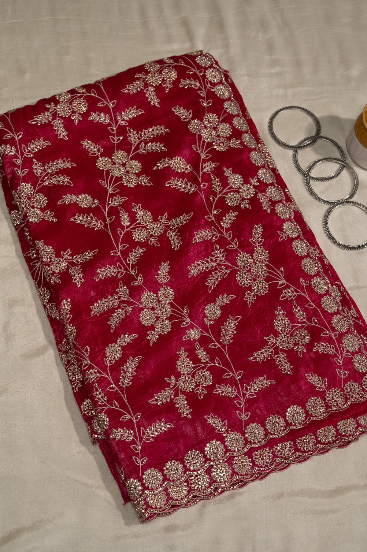 Raspberry Pink Crush Tissue Unstitched Saree With Thread And Stone Details