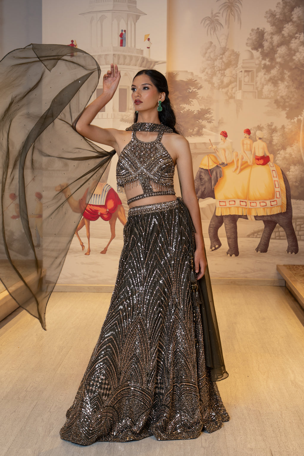 Black Net Pearl Sequin Lehenga Set with Choker Dupatta