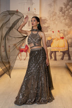 Black Net Pearl Sequin Lehenga Set with Choker Dupatta