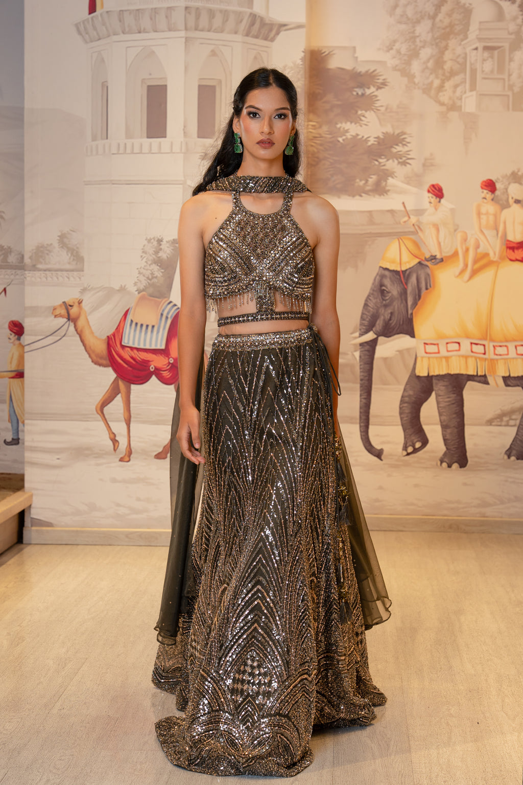 Black Net Pearl Sequin Lehenga Set with Choker Dupatta