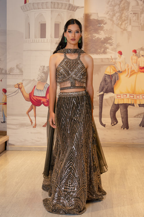 Black Net Pearl Sequin Lehenga Set with Choker Dupatta