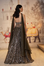 Black Net Pearl Sequin Lehenga Set with Choker Dupatta