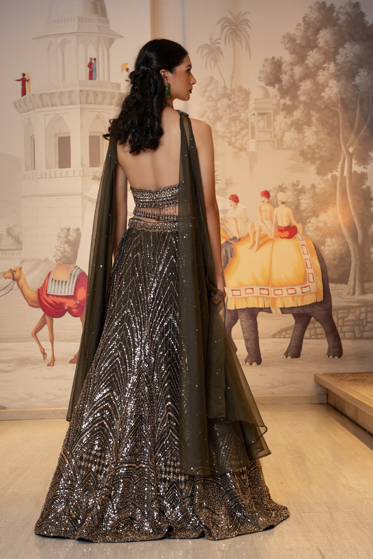 Black Net Pearl Sequin Lehenga Set with Choker Dupatta