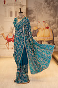 Teal Blue Thread And Stone Work Unstitched Saree