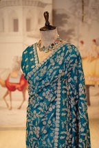 Teal Blue Thread And Stone Work Unstitched Saree