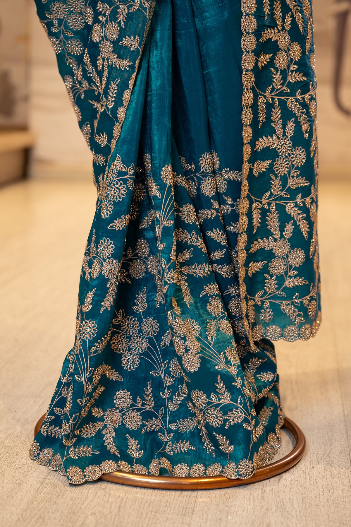 Teal Blue Thread And Stone Work Unstitched Saree