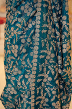 Teal Blue Thread And Stone Work Unstitched Saree