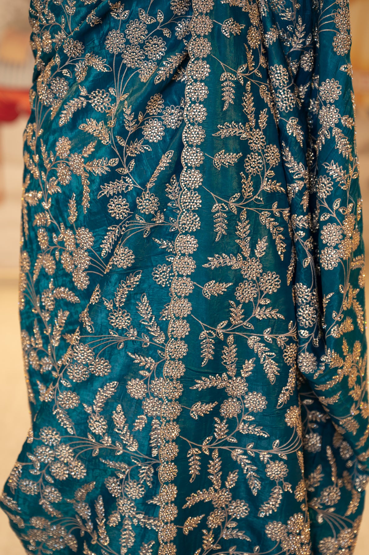 Teal Blue Thread And Stone Work Unstitched Saree