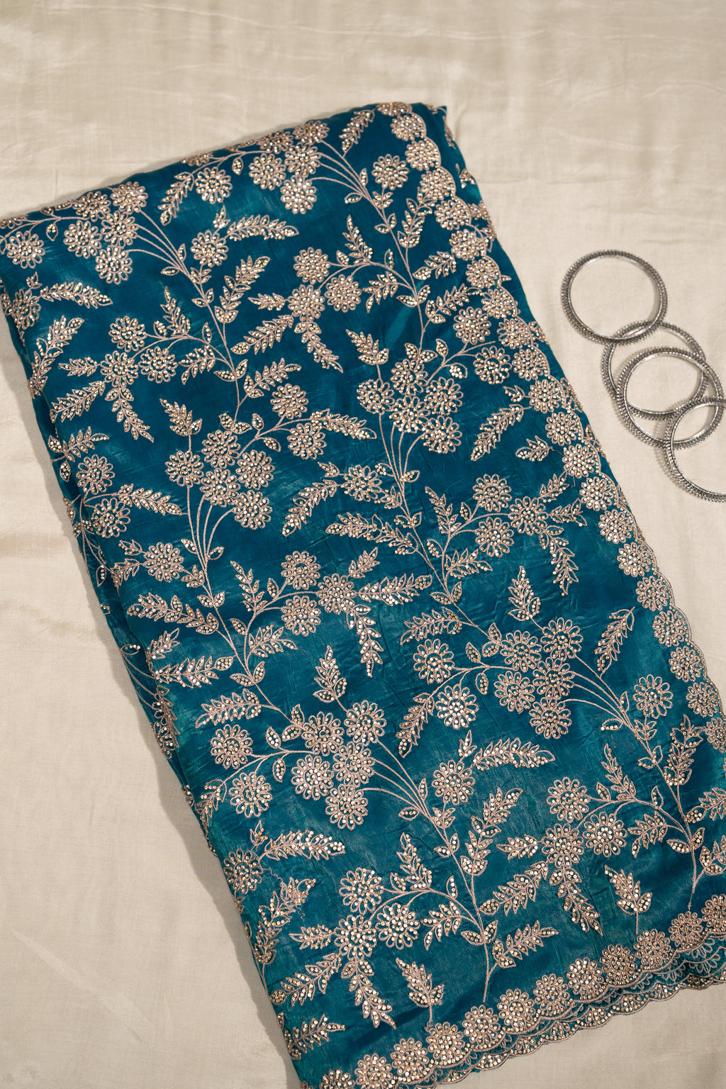 Teal Blue Thread And Stone Work Unstitched Saree