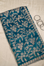 Teal Blue Thread And Stone Work Unstitched Saree